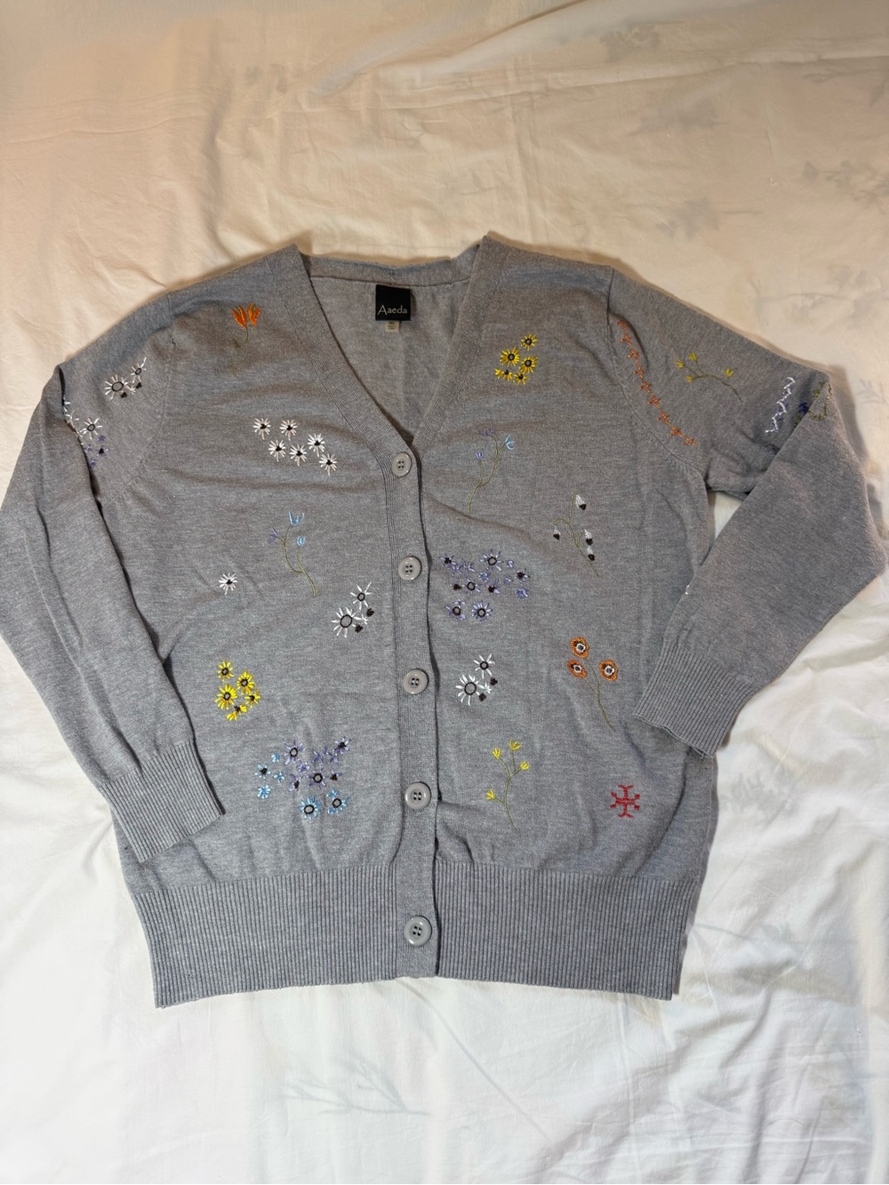 Gray Floral Embroidered V-Neck Cardigan Sweater Large